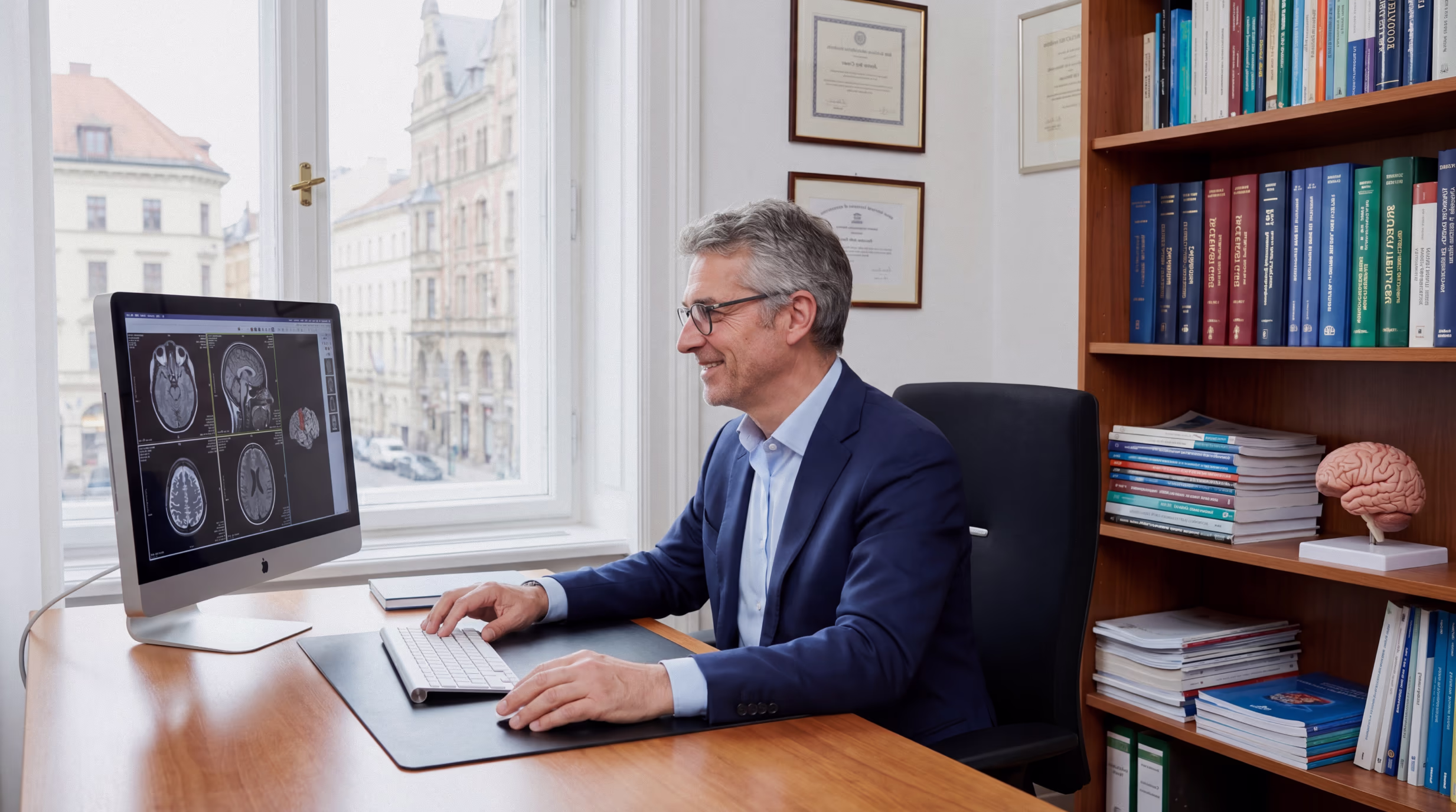 A doctor in a white coat reviews brain scans on a desktop computer in a hospital consultation room